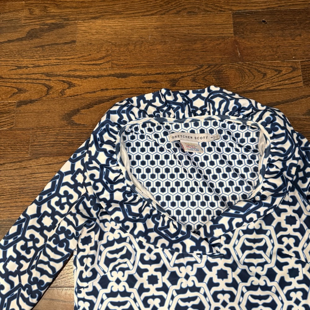 Gretchen Scott, Preppy Ruffle Neck Navy & White Geometric Shift Dress, Size S - Picture 7 of 14